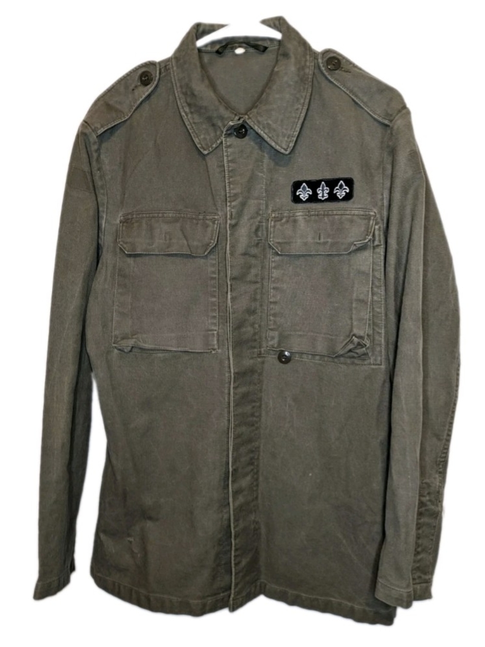 Vintage Olive Drab Military Surplus Field Jacket Fleur-de-lis Patch Mens S/M